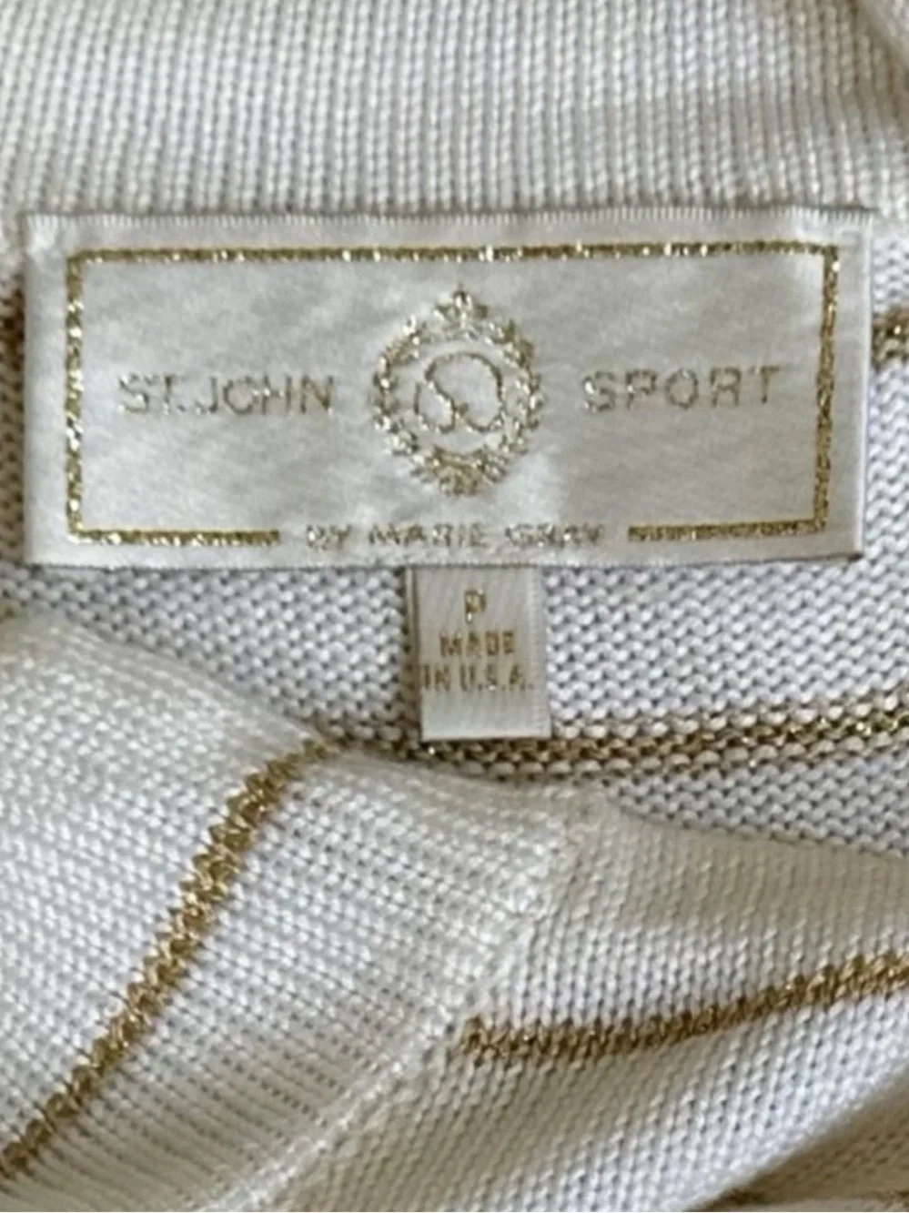St. John Ivory with Gold Metallic Stripes Sleeveless Mock Neck Knit Sweater